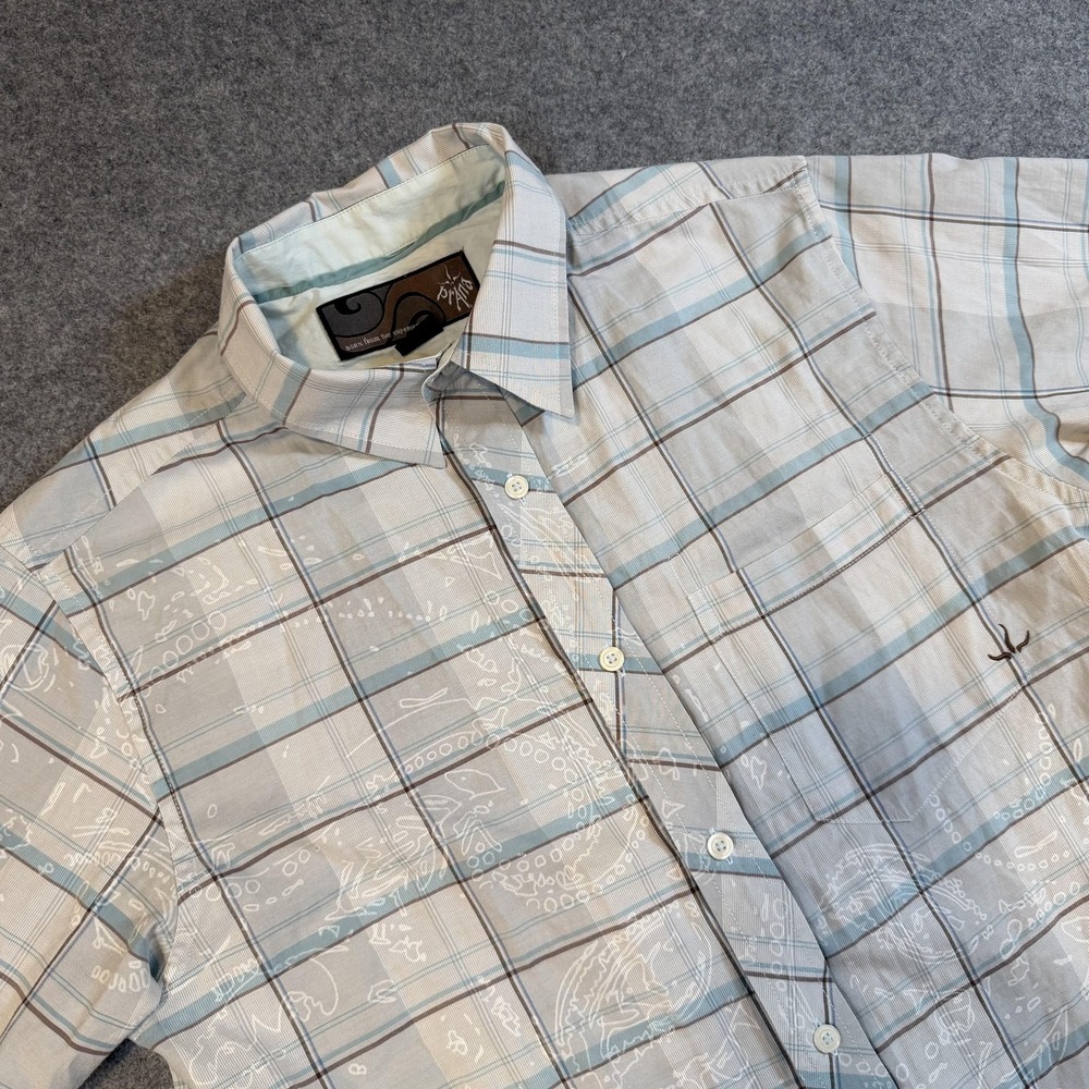 PrAna Shirt Mens Medium Beige Plaid Short Sleeve Button Up Lightweight